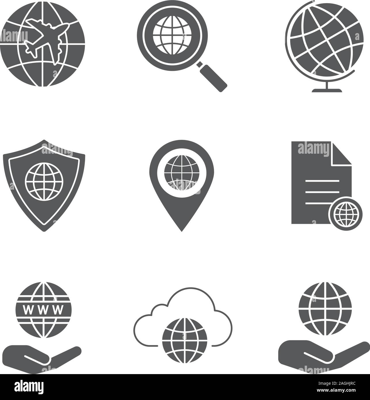 Worldwide glyph icons set. International flight, global search, globe ...