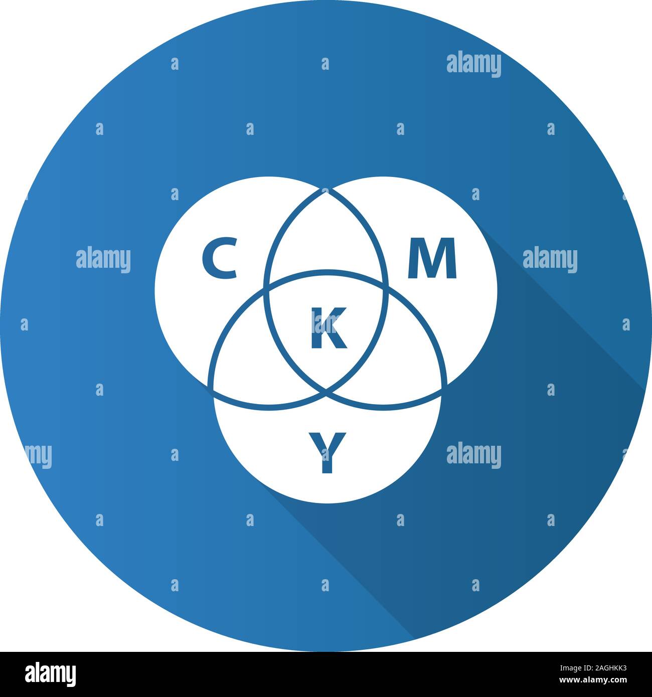 CMYK color circle model flat design long shadow glyph icon. Cyan, magenta, yellow, key color scheme. Vector silhouette illustration Stock Vector