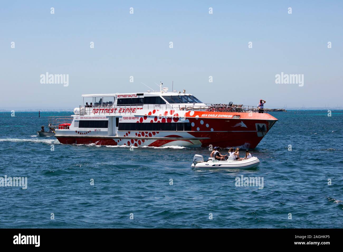 Rottnest Island Express ferry boat arriving at Rottnest Island, Fremantle, Western Australia