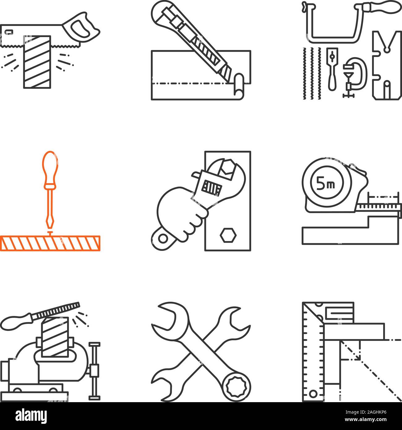 Construction Tools Linear Icons Set Tenon Saw Stationery Knife