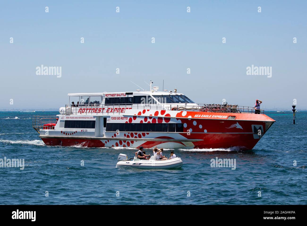 Rottnest Island Express ferry boat arriving at Rottnest Island, Fremantle, Western Australia