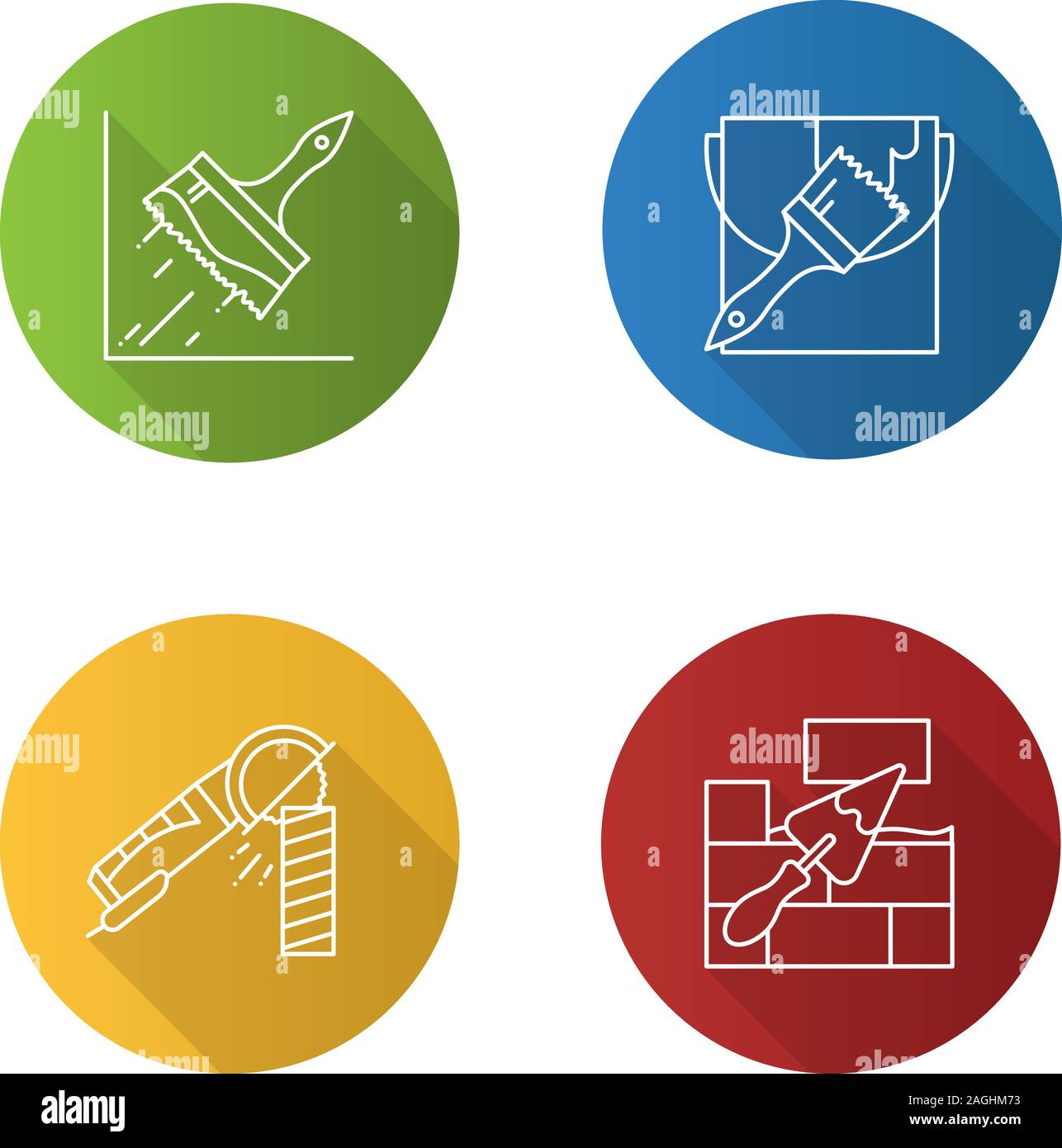 Construction tools flat linear long shadow icons set. Glue brush, paint bucket and brush, angle grinder machine, brick wall with triangular shovel. Ve Stock Vector