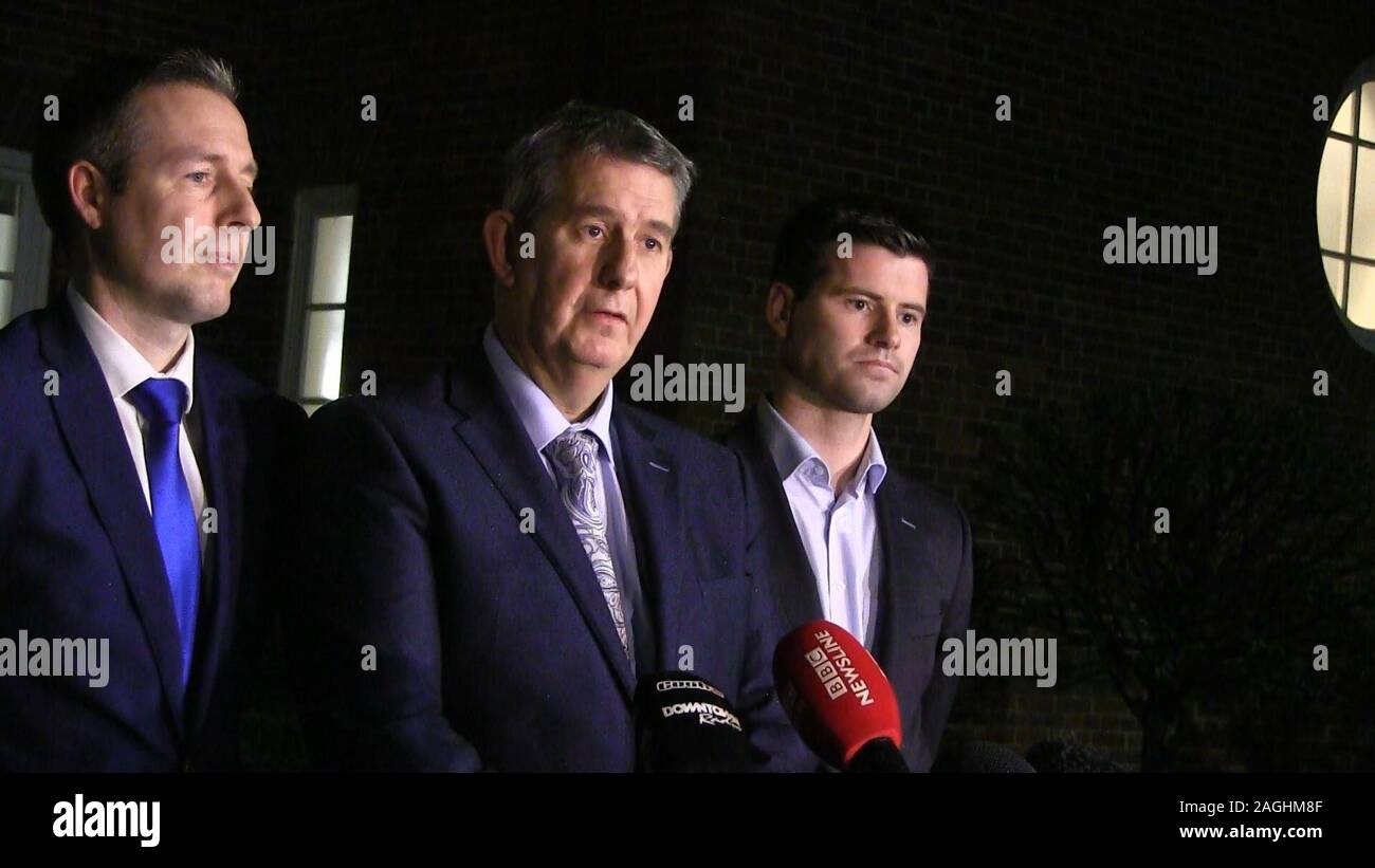 Democratic Unionist Party MLA Edwin Poots speaks to media as roundtable sessions continue in at Stormont in Belfast. The DUP has said a deal to restore the Stormont institutions in the coming days is unlikely. Stock Photo
