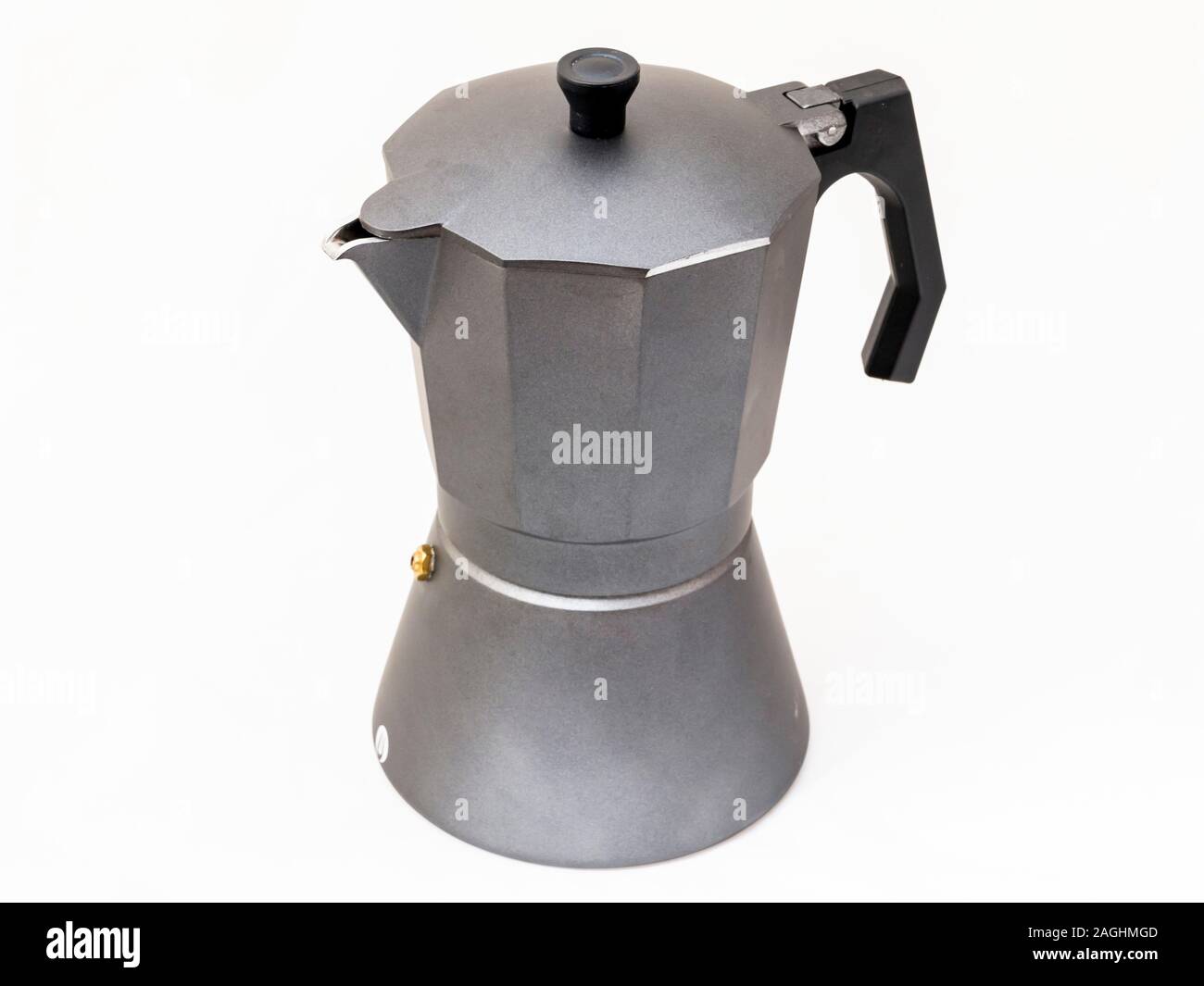 Real grey classic italian coffee pot on white background Stock Photo