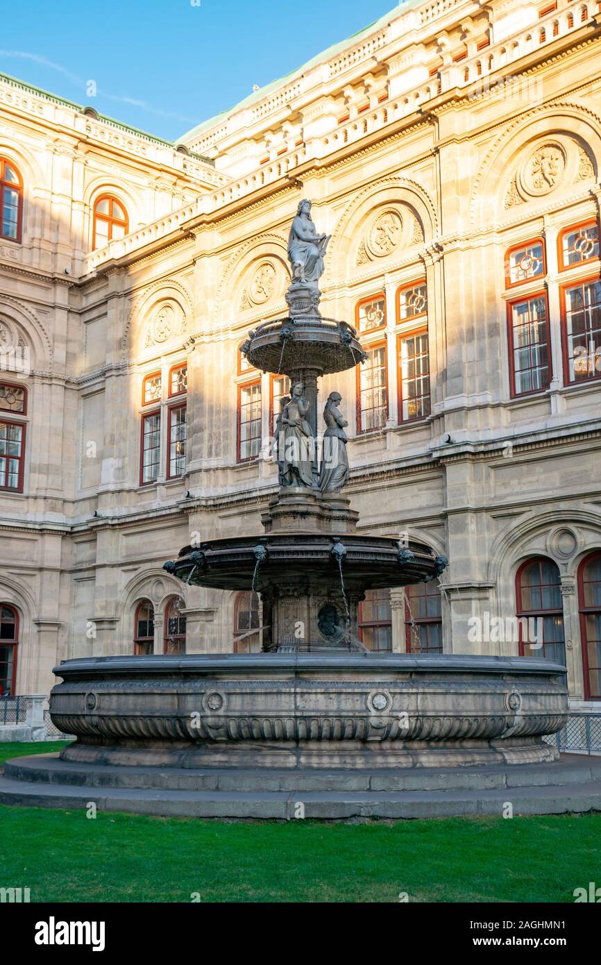 A fountain with Statues in front of the Opera in Vienna, Austria. Art