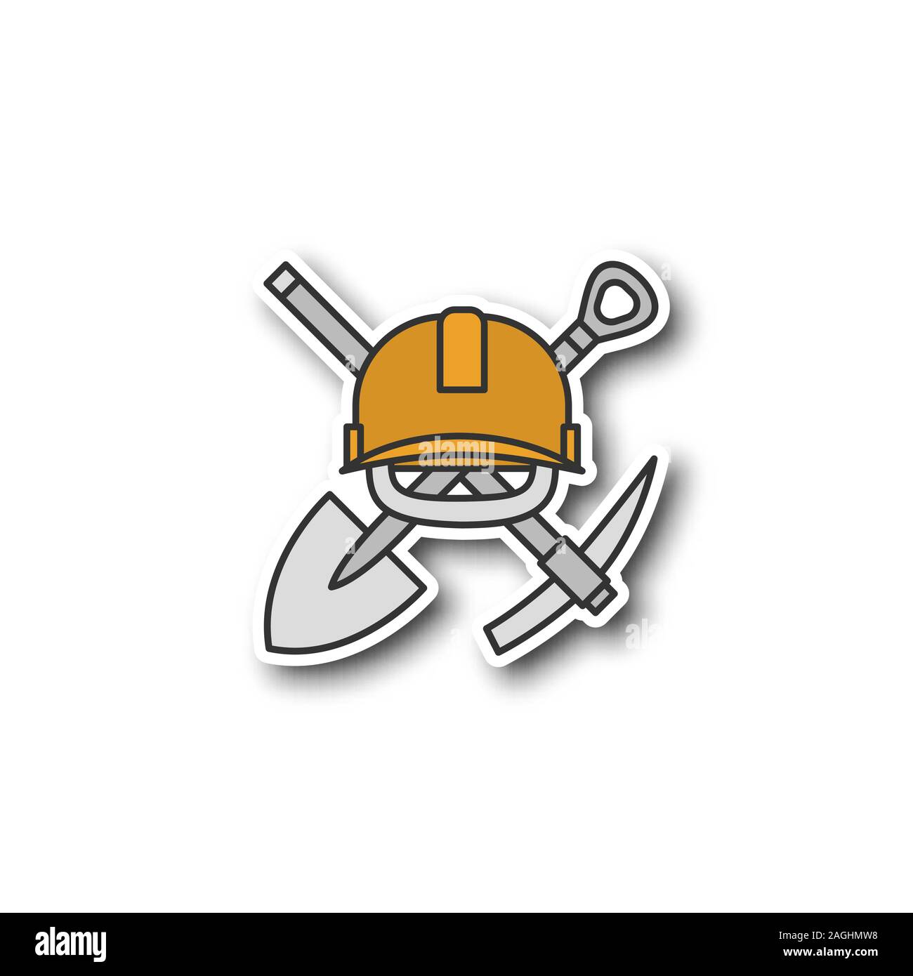 Crossed shovel and pickaxe with hard hat patch. Mining emblem. Color