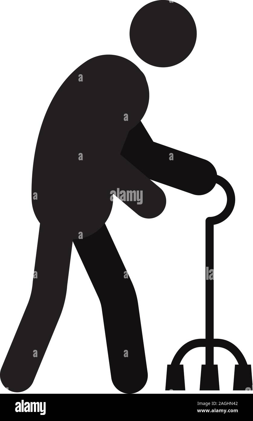 Old man going with quad cane silhouette icon. Grandfather with four legged walking stick. Isolated vector illustration Stock Vector