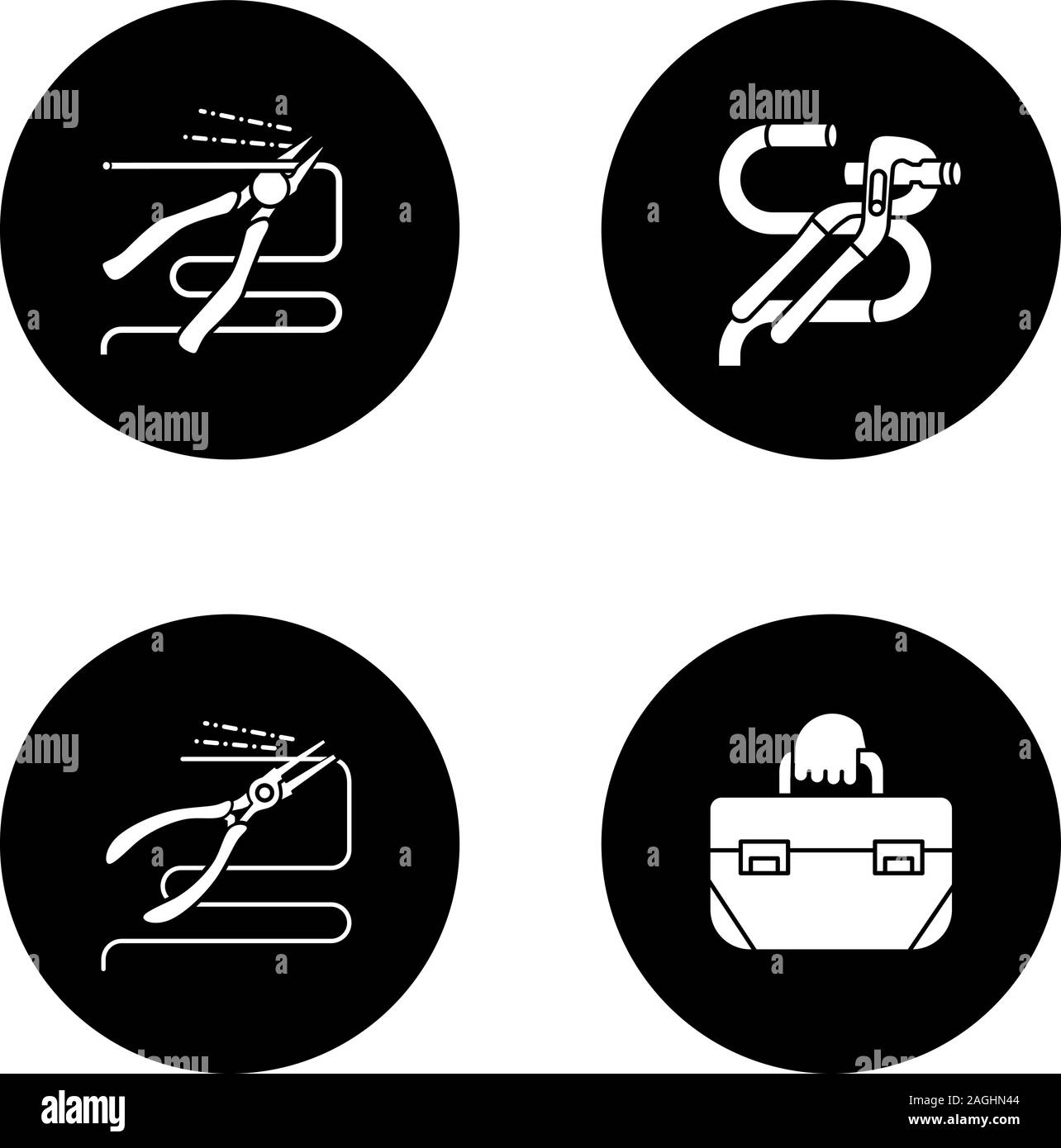 Construction tools glyph icons set. Pointed pliers and carpenter's end