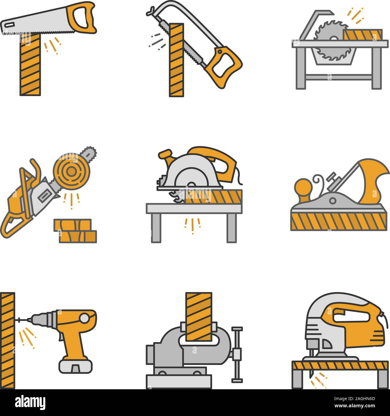 Carpentry color icons set. Woodworking. Hand saw, hacksaw, circular saws, chainsaw, jack plane, electric screwdriver, bench vice, jigsaw. Isolated vec Stock Vector