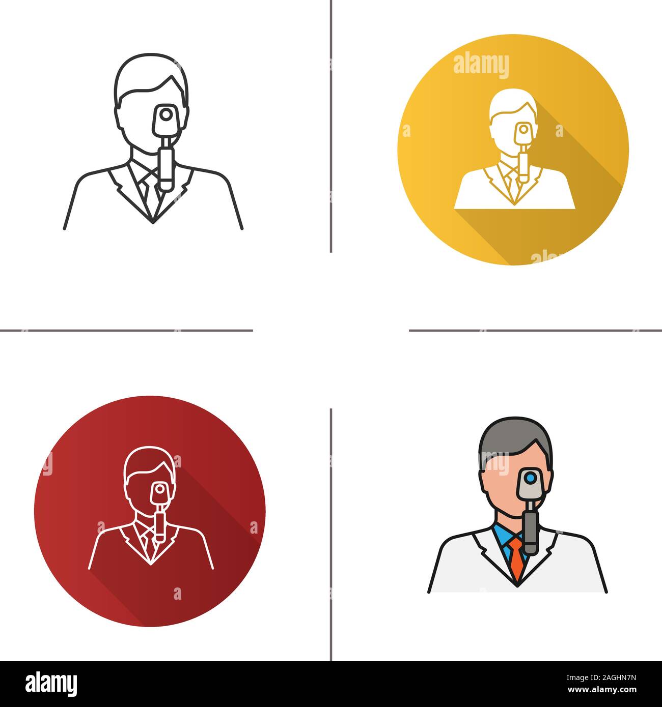 Doctor with ophthalmoscope icon. Flat design, linear and color styles. Ophthalmologist, optometrist. Isolated vector illustrations Stock Vector