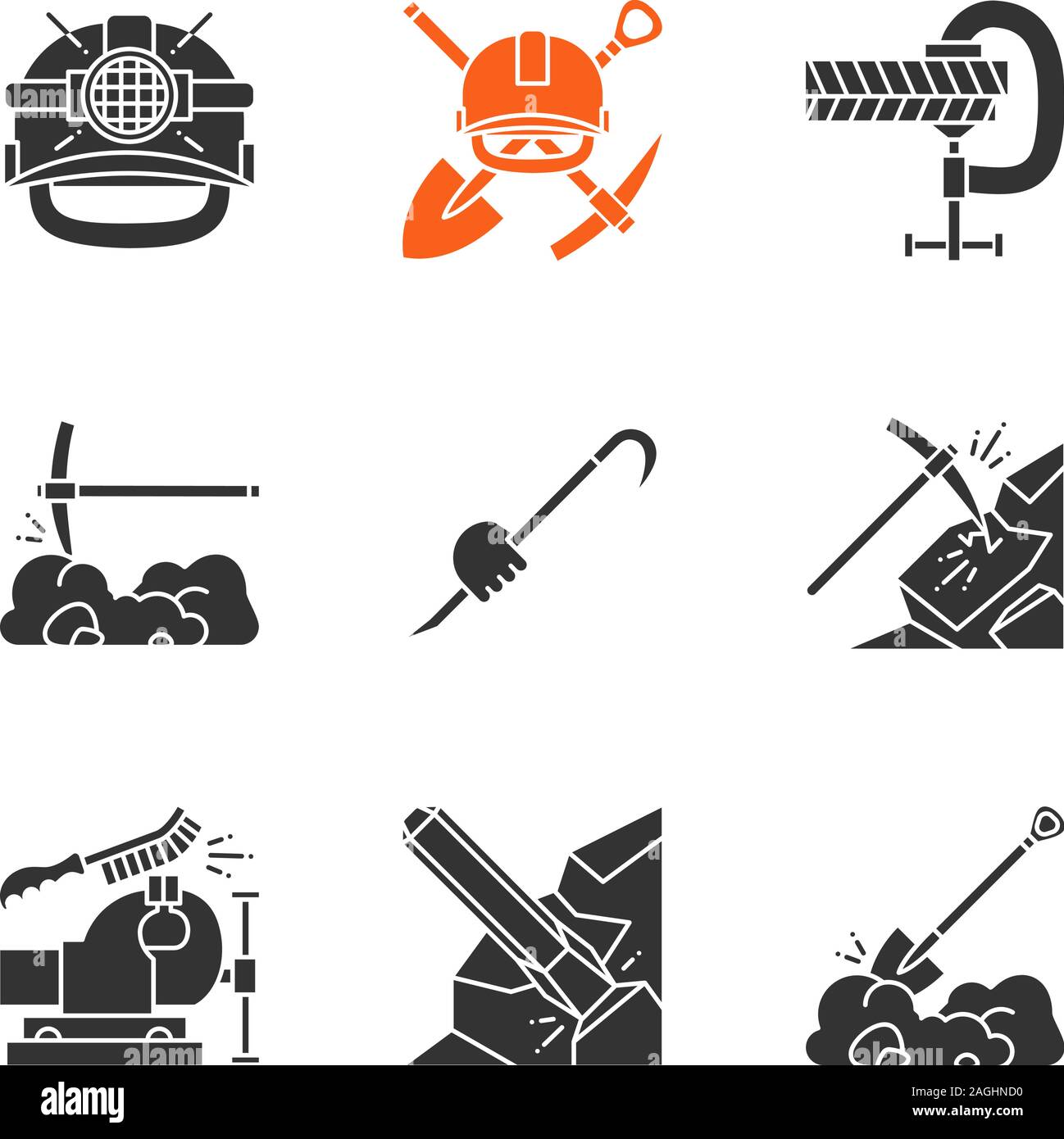 Construction tools glyph icons set. Silhouette symbols. Safety helmet, mining emblem, screw clamp, crowbar in hand, bench vice and wire brush, iron ch Stock Vector