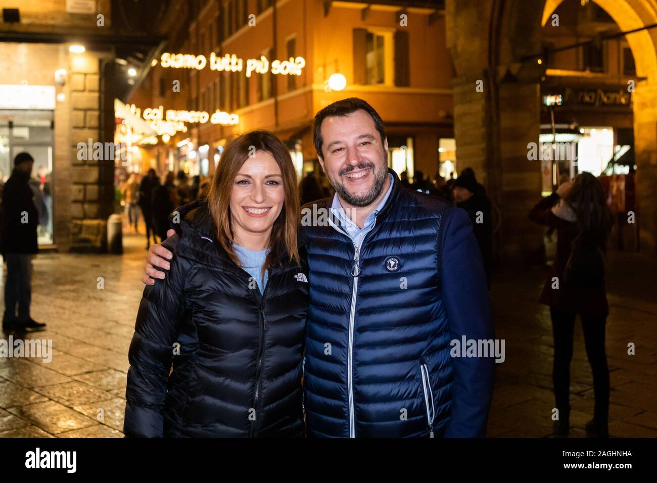 Bologna, Italy. 19th Dec 2019. The Italian politician Matteo Salvini (leader of the Northern League) and Lucia Borgonzoni party candidate Lega to the Governor of the Emilia Romagna Region in the January 2020 elections speak at a sudden press conference in Piazza Maggiore on December 19, 2019 in Bologna, Italy. Credit: Massimiliano Donati/Alamy Live News Stock Photo