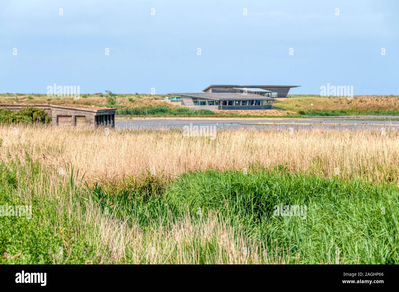 The South Parrinder Hide overlooking the Freshwater Marsh at RSPB Titchwell bird reserve. North Parrinder Hide in background & Island Hide to left. Stock Photo