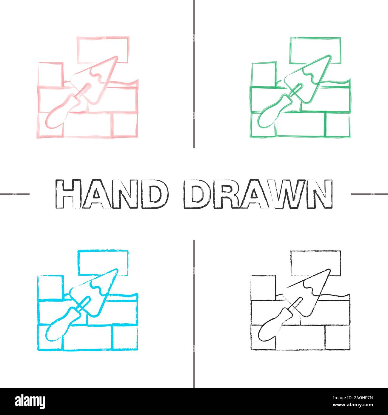 Brick wall with triangular shovel hand drawn icons set. Putty knife ...