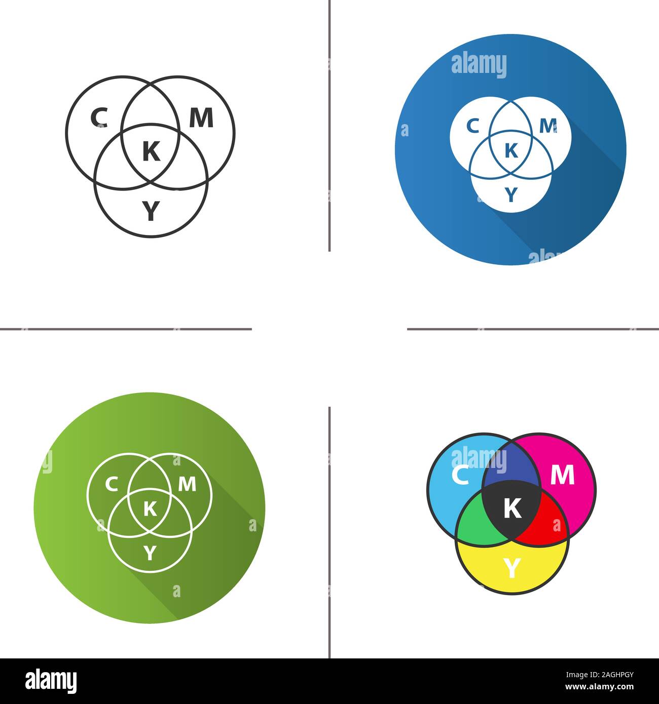 CMYK circle model icon. Flat design, linear and color styles. Cyan, magenta, yellow, key color scheme. Isolated vector illustrations Stock Vector