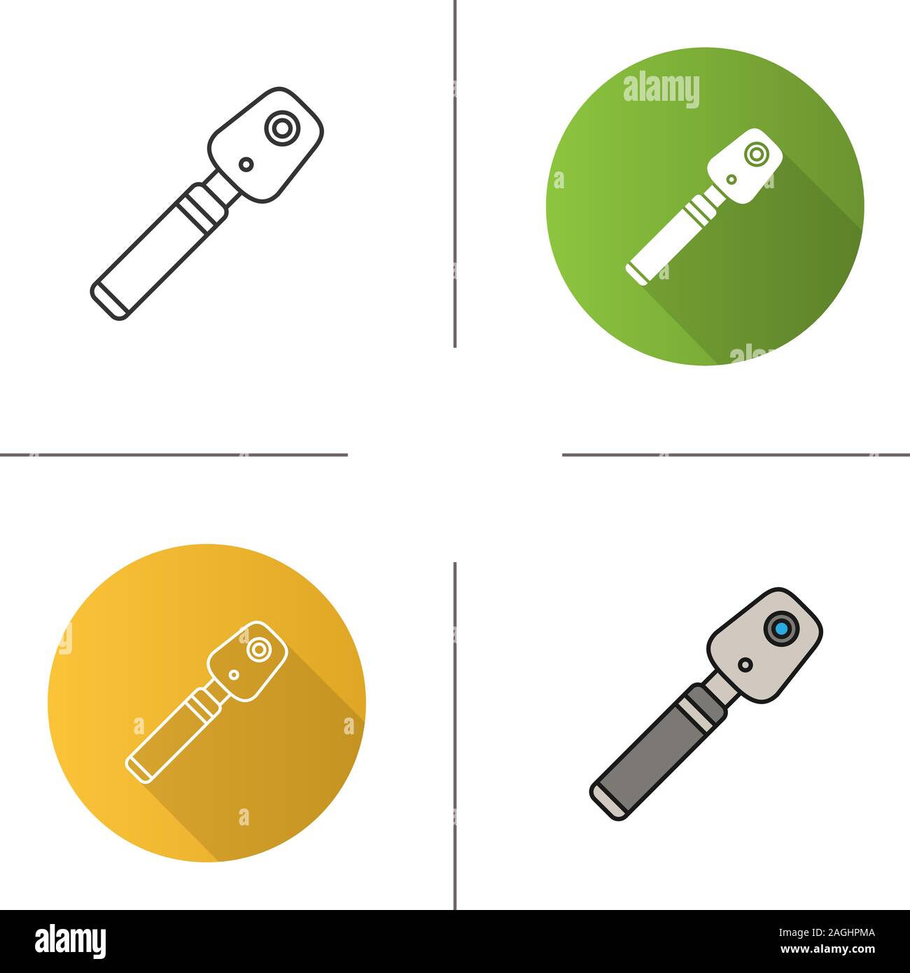 Ophthalmoscope icon. Funduscopy. Eye examination device. Flat design, linear and color styles. Isolated vector illustrations Stock Vector