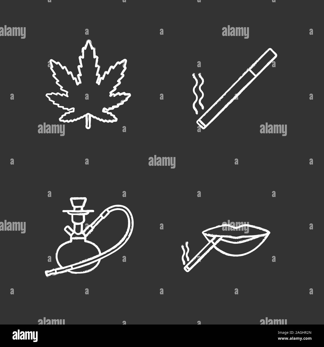 Smoking chalk icons set. Marijuana leaf, burning cigarette, hookah, smoker's mouth. Isolated vector chalkboard illustrations Stock Vector