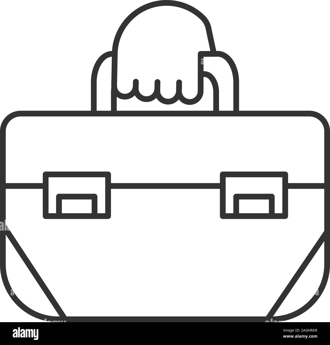 Hand holding tool bag linear icon. Toolbox. Thin line illustration