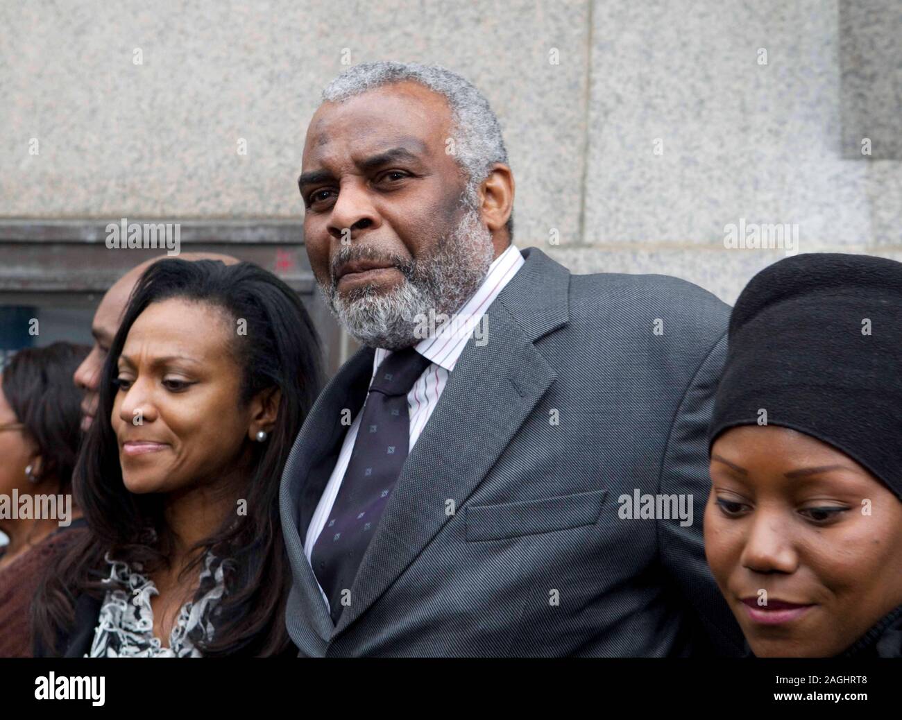 Neville and Doreen Lawrence speaking at the Old Bailey in 2012 after the sentencing of David Norris and Gary Dobson for the brutal murder of their son Stephen Lawrence killed during a racially motivated attack at a bus stop in Eltham in April 1993. Stock Photo