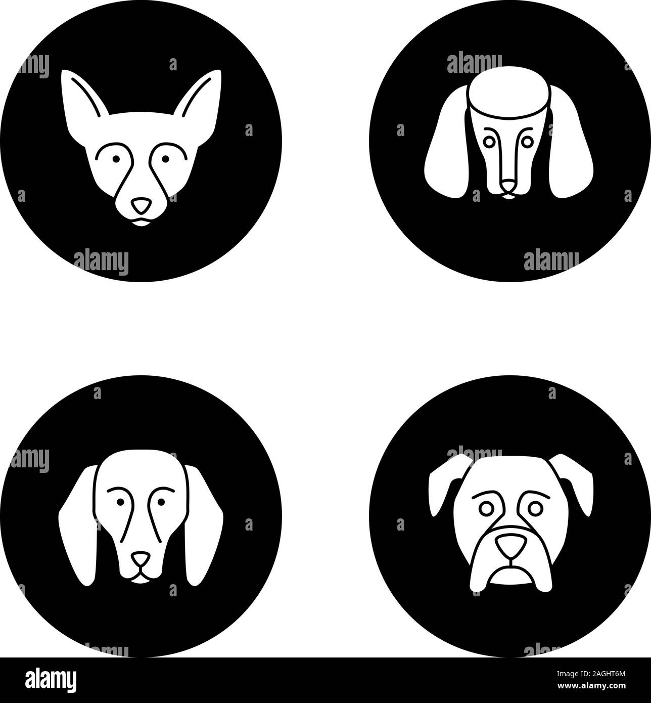 Dogs breeds glyph icons set. Chihuahua, poodle, beagle, boxer. Vector white silhouettes illustrations in black circles Stock Vector