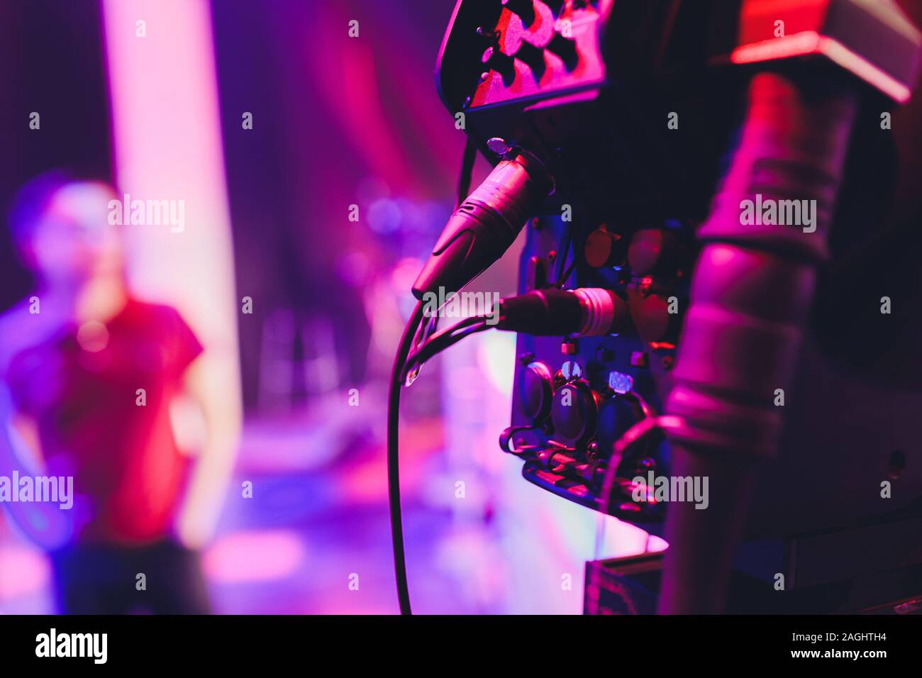 Professional equipment in a blue television news studio. Lighting