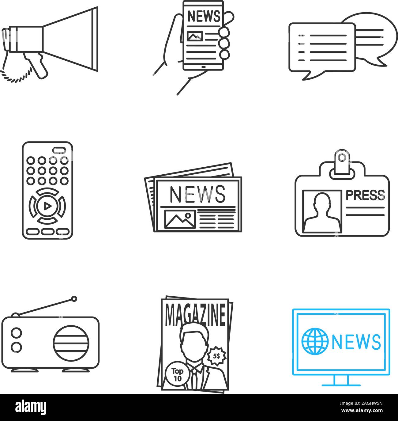 Mass media linear icons set. Megaphone, online news, chat, TV controller,  newspaper, press ID card, radio, magazine, TV news. Thin line contour  symbol Stock Vector Image & Art - Alamy