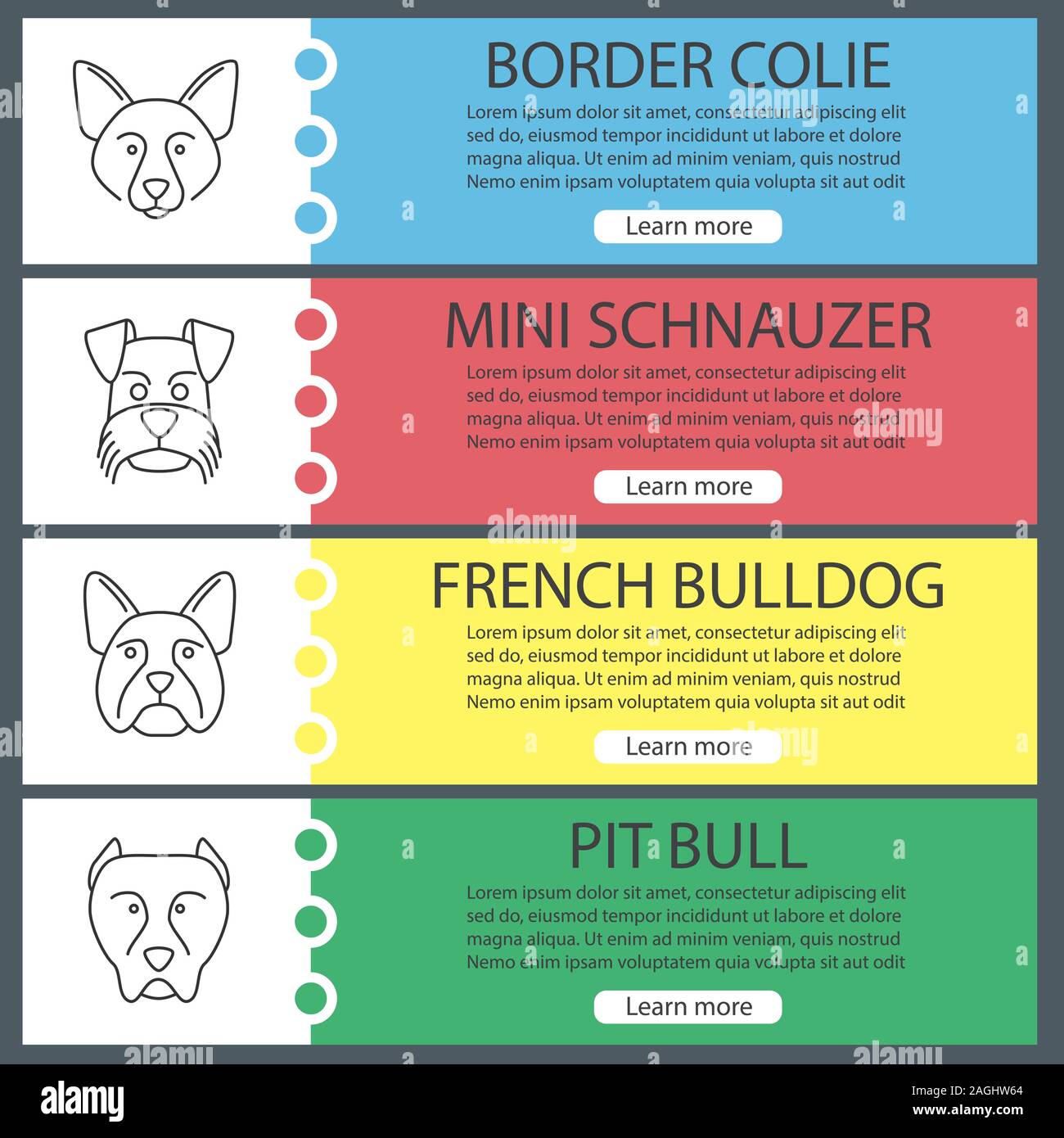 Dogs breeds web banner templates set. Border Collie, Mini Schnauzer, French bulldog, pit bull. Website color menu items with linear icons. Vector head Stock Vector