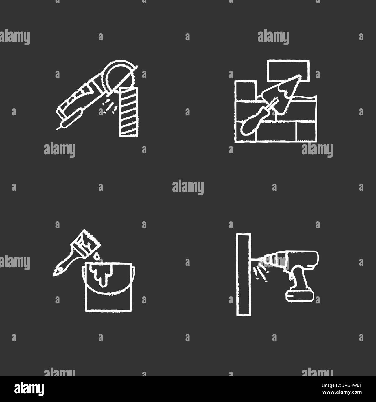 Construction tools chalk icons set. Angle grinder machine, brick wall with triangular shovel, bucket with paint brush, cordless drill. Isolated vector Stock Vector