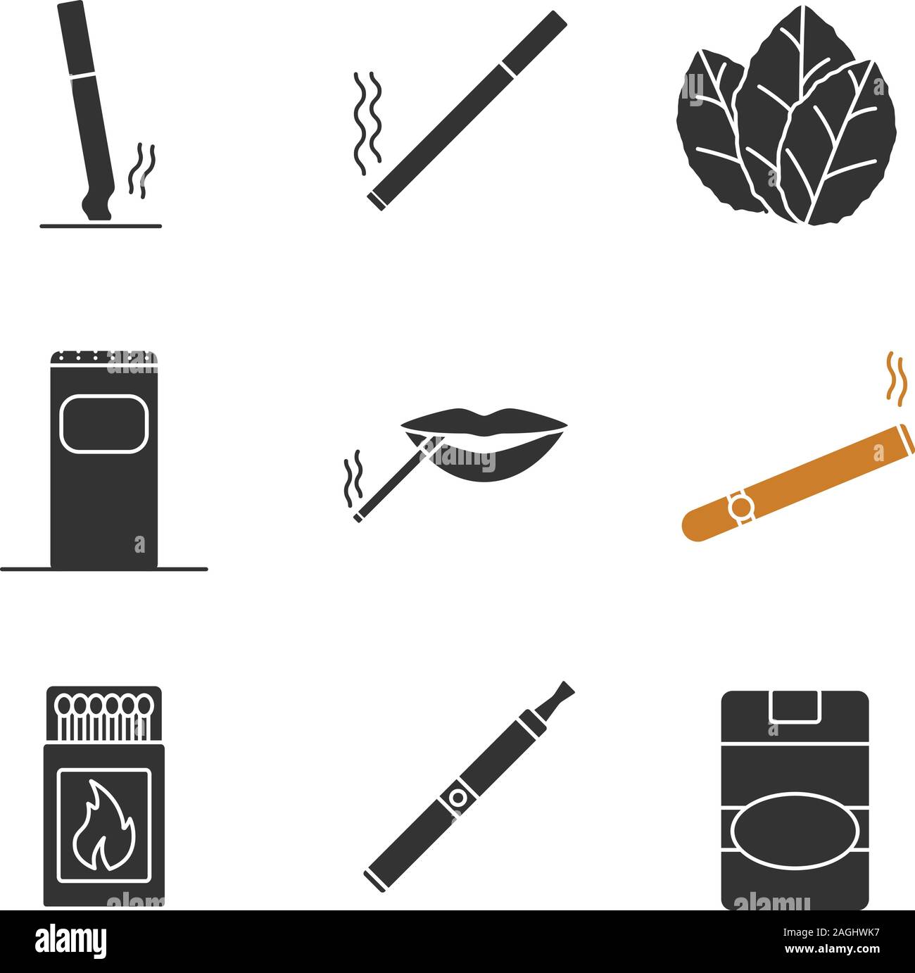 Smoking glyph icons set. Stubbed out and burning cigarettes, tobacco ...