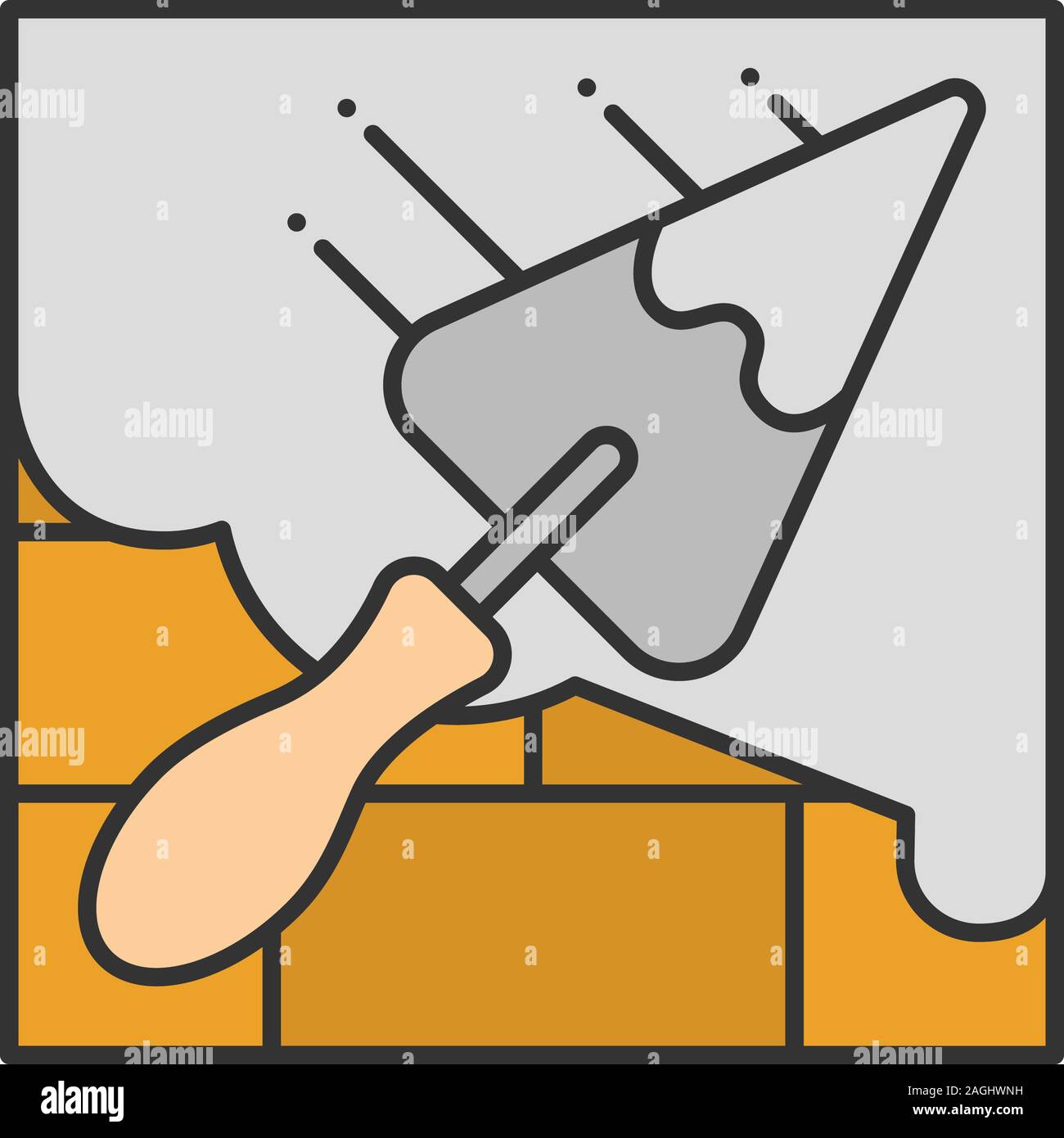 Brick wall with triangular shovel color icon. Cement solution. Putty knife, spatula. Isolated vector illustration Stock Vector