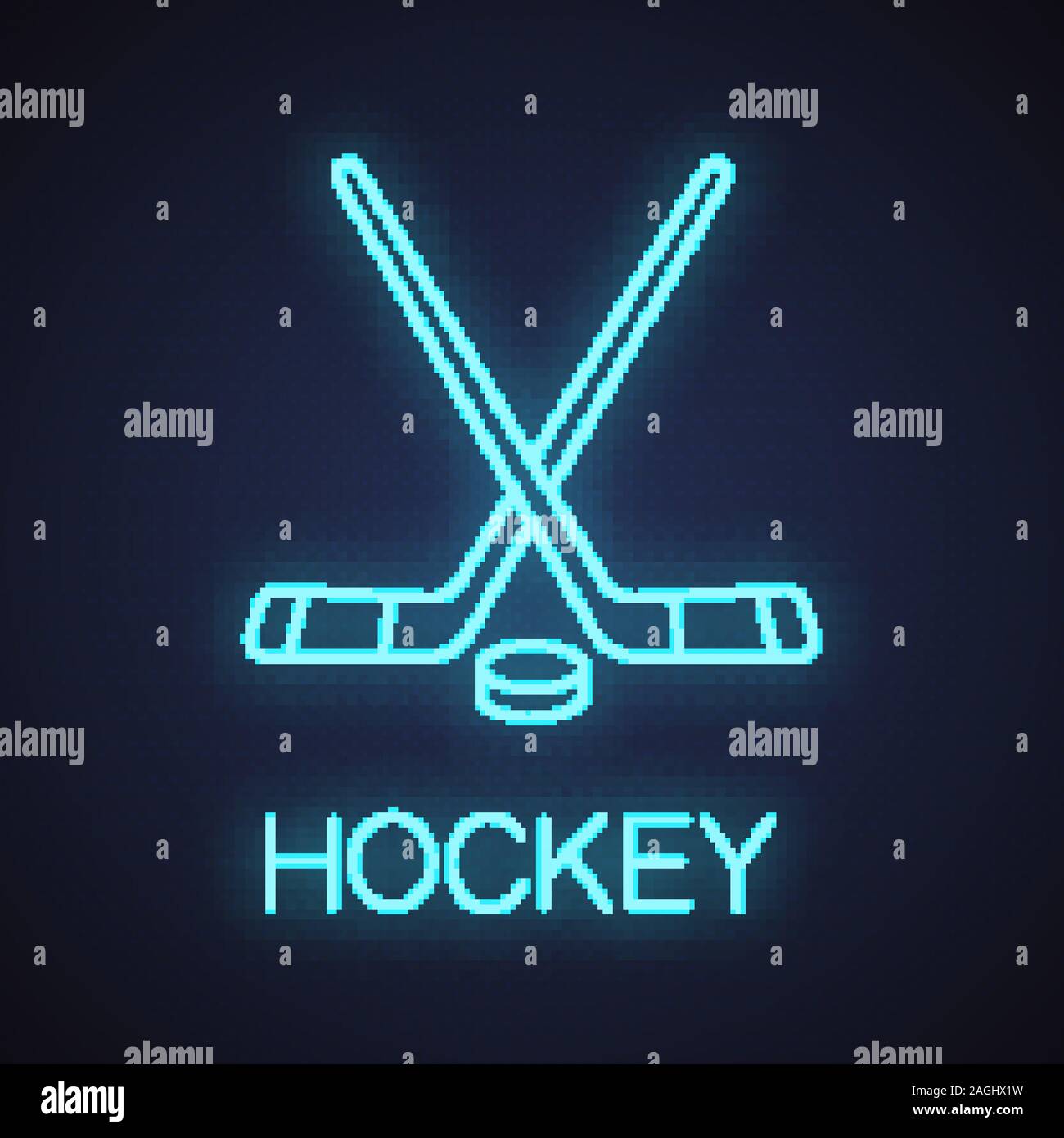 Crossed hockey sticks with puck neon light icon. Ice hockey equipment
