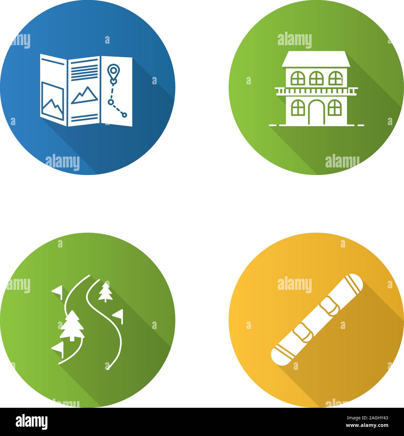 Winter activities flat design long shadow glyph icons set. Paper map ...