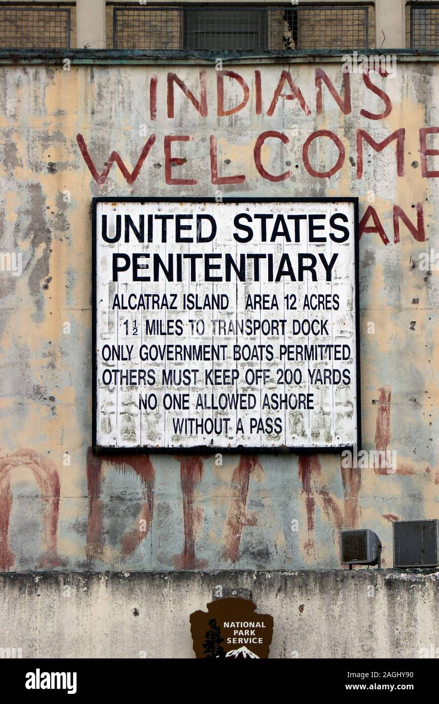 Warning sign on Alcatraz penitentiary wall in San Francisco, United States of America Stock Photo