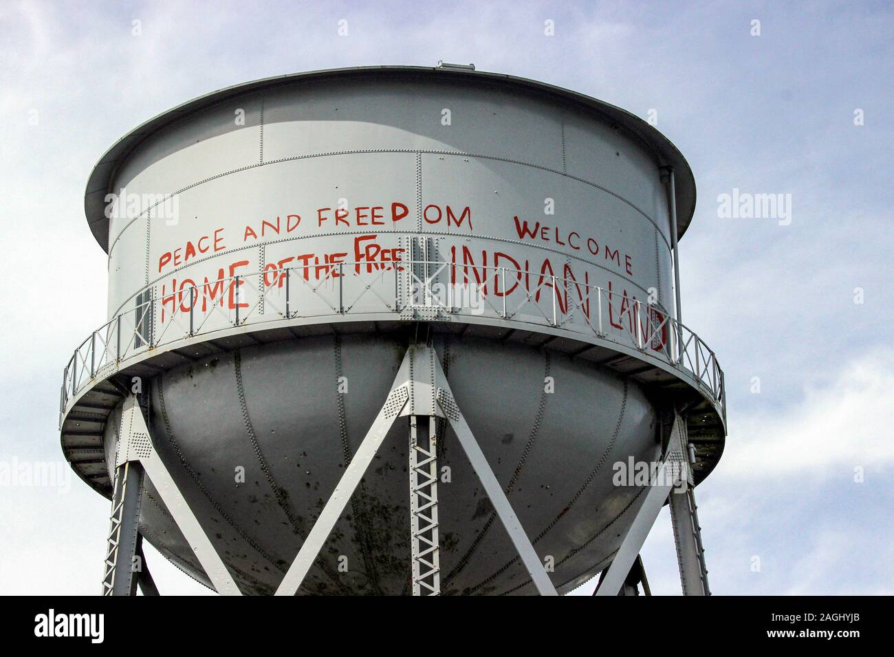 Preserved graffiti on water tower from the occupation of Alcatraz Island (1969-1970). Home of the free Indian land. San Francisco, United States. Stock Photo