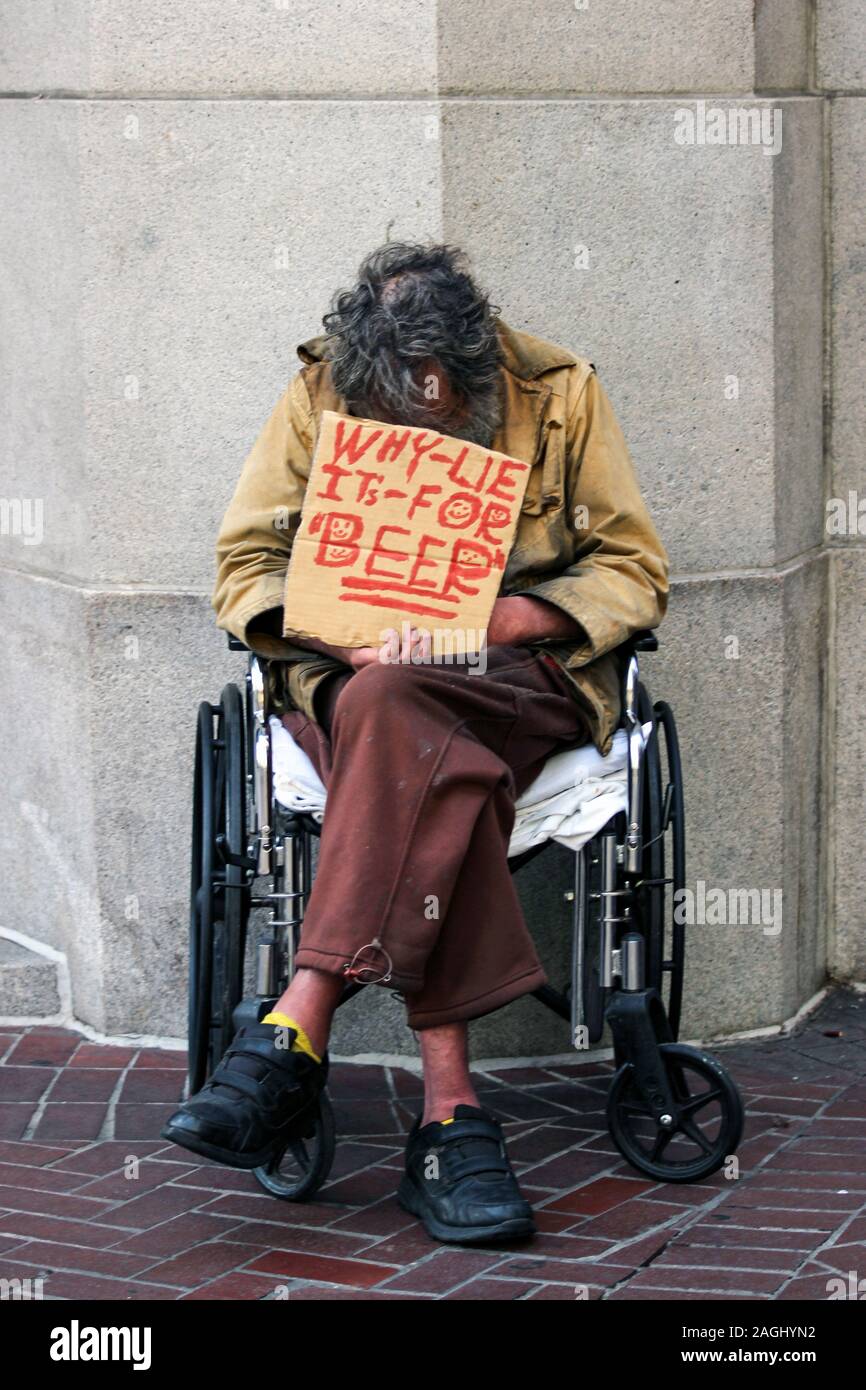 Homeless man begging close to Market Street in San Francisco, United States of America Stock Photo