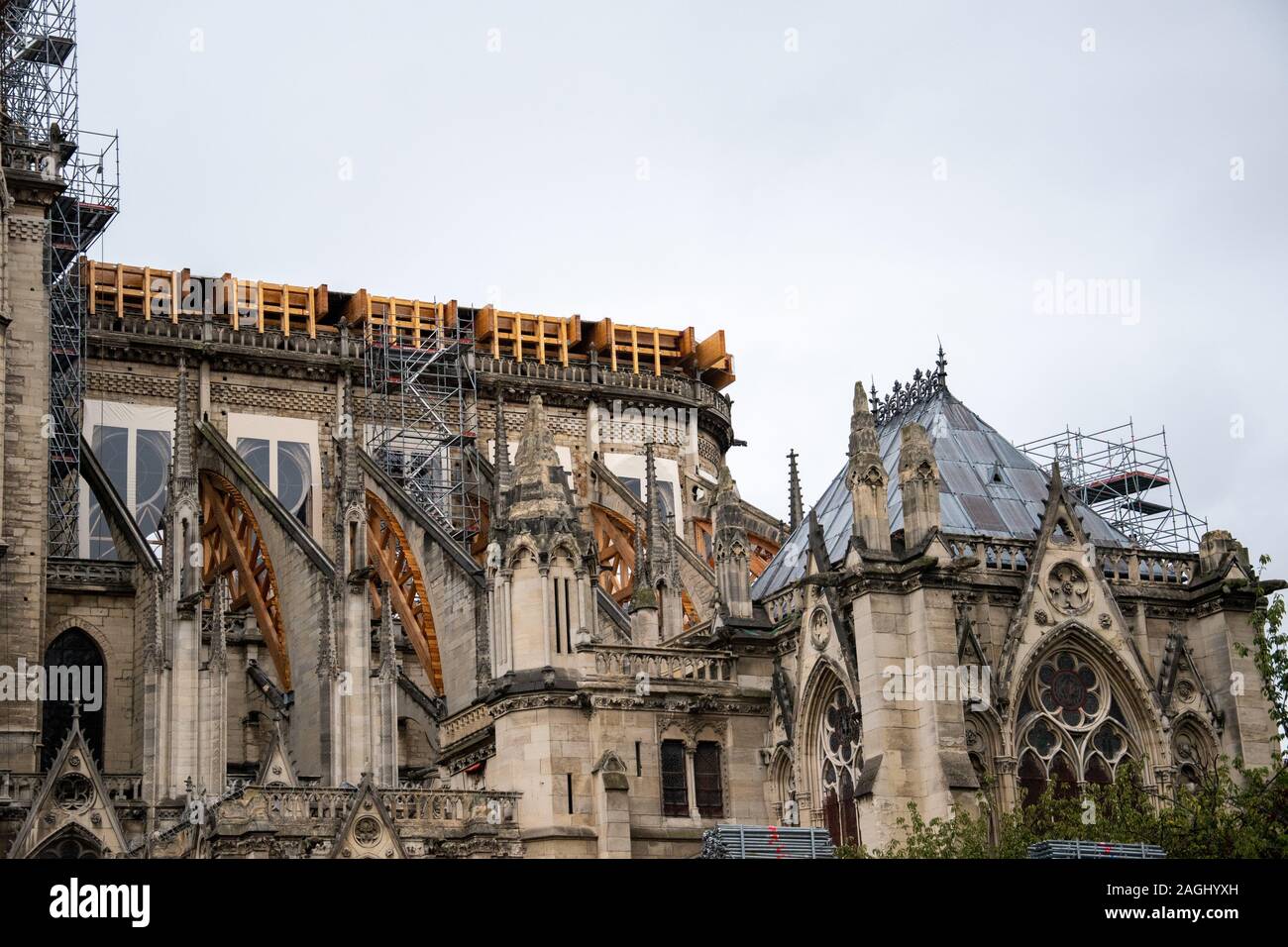 Paris, Ile-de-France / France: the burnt-down Notre-Dame cathedral in the rain Stock Photo