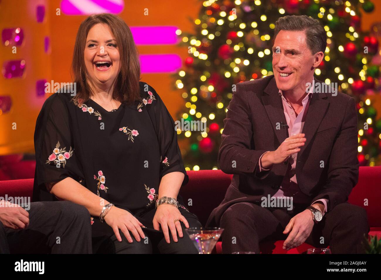 Ruth Jones and Rob Brydon during the filming for the Graham Norton Show at BBC Studioworks 6 Television Centre, Wood Lane, London, to be aired on BBC One on Friday evening. Picture date: Thursday December 19, 2019. Photo credit should read: PA Images on behalf of So TV Stock Photo