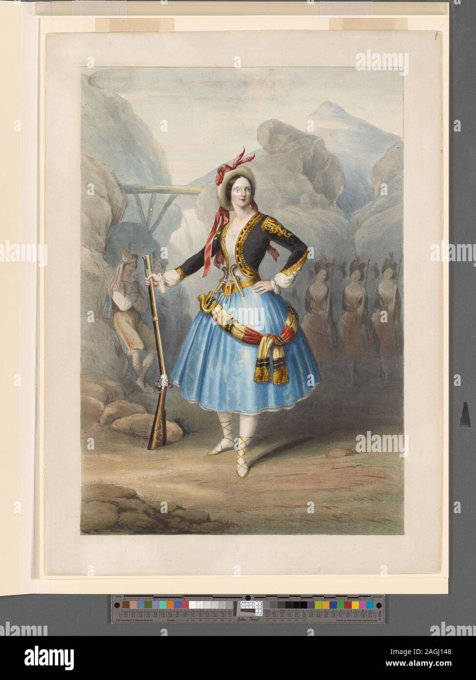 Full-length to left, looking right, left hand at waist, right hand holding musket. Women troups in right background. Rocky terrain and waterfall in background.; Lucile Grahn in Catarina; ou La fille du bandit. Stock Photo