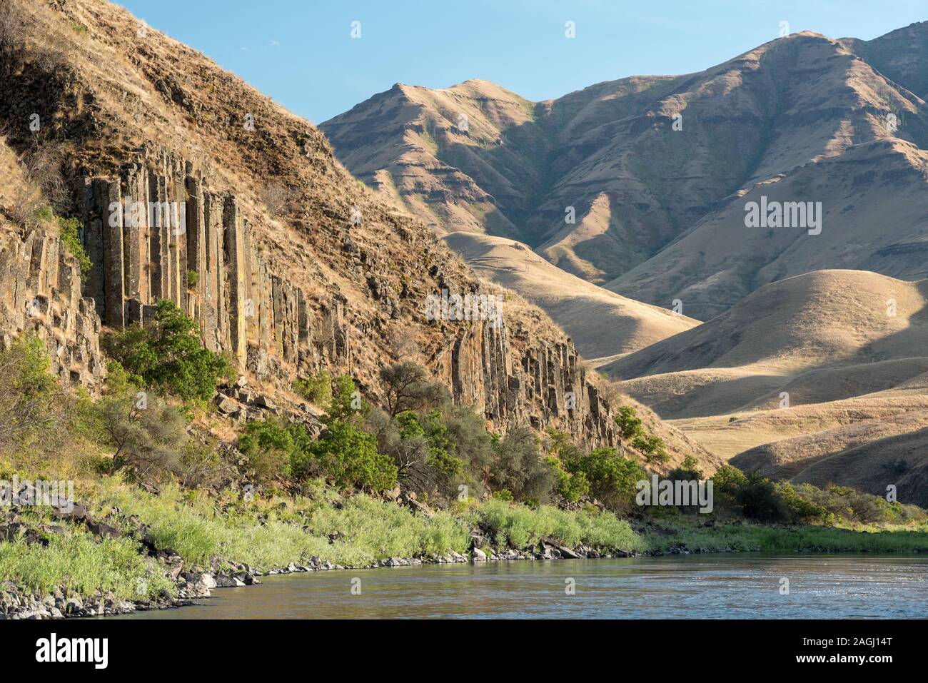 Columnar basalt formation along Idaho's Lower Salmon River Stock Photo