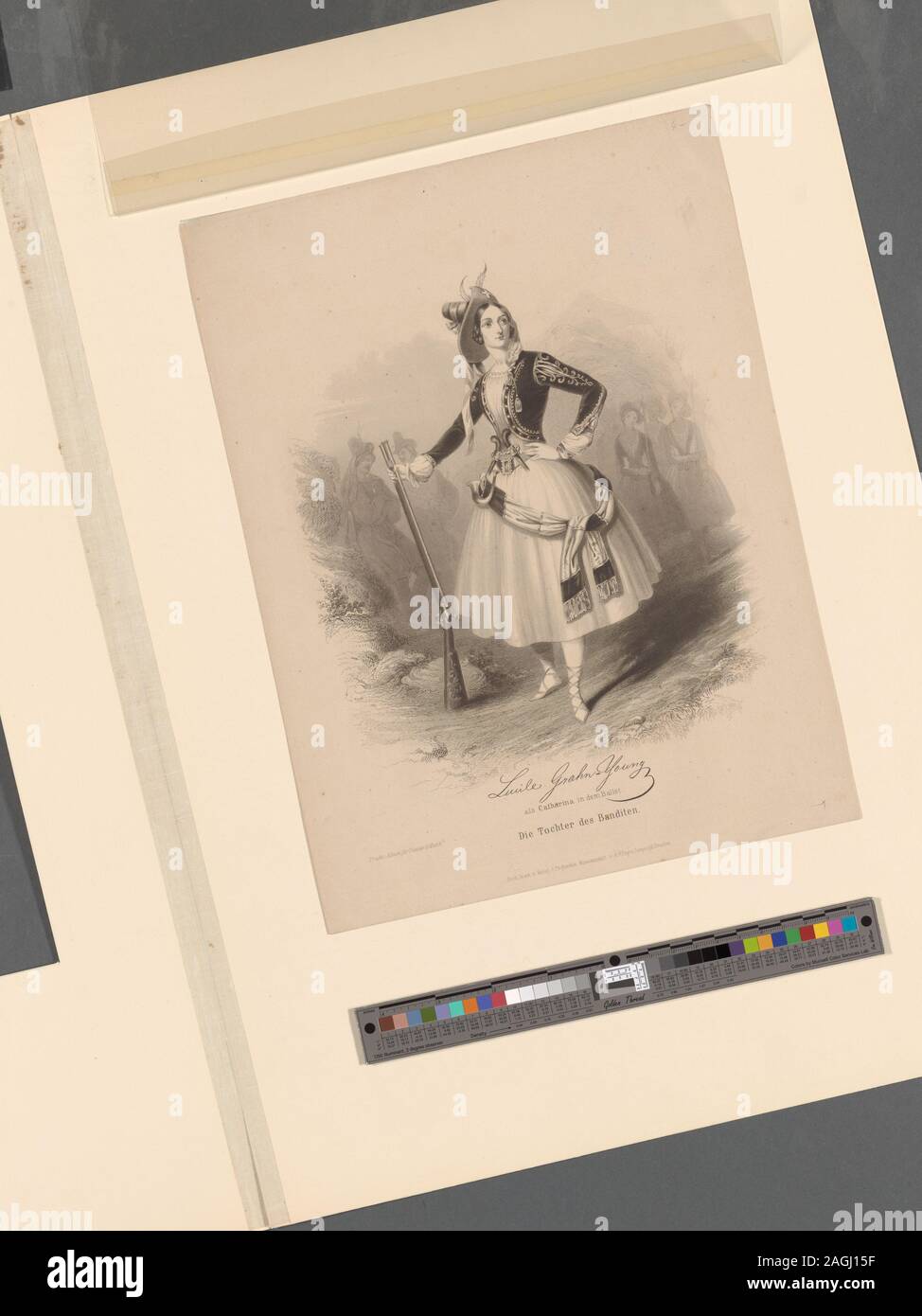 After a lithograph by John Brandard. Grahn in Perrot's ballet Catarina; ou La fille du bandit. To right, looking right, left hand at waist, right hand holding musket. Outdoor setting.; Lucile Grahn-Young [facsimile signature] als Catharina in dem Ballet Die Tochter des Banditen. Stock Photo
