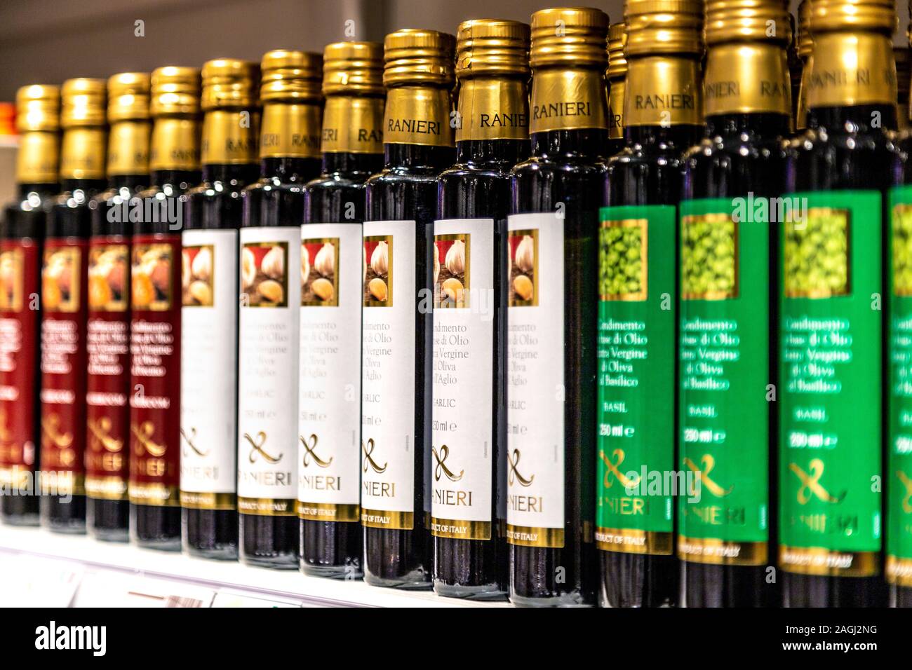 Selection of olive oils at Eataly market hall, Stockholm, Sweden Stock Photo