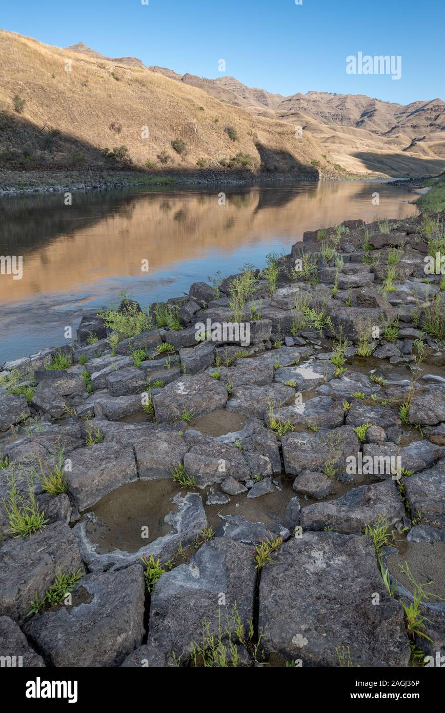 Columnar basalt formation along Idaho's Lower Salmon River Stock Photo