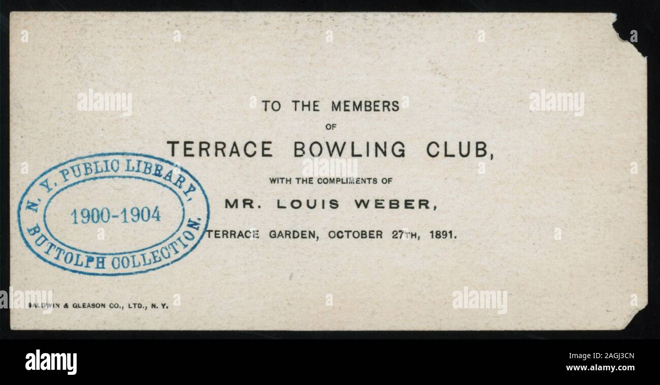 TOP COVER OF CELLULOID; FASTENED IN UPPER LEFT BY RED RIBBON; MEAL FOR THE MEMBERS OF TERRACE BOWLING CLUB [held by] MR. LOUIS WEBER [at] TERRACE GARDEN,? Stock Photo