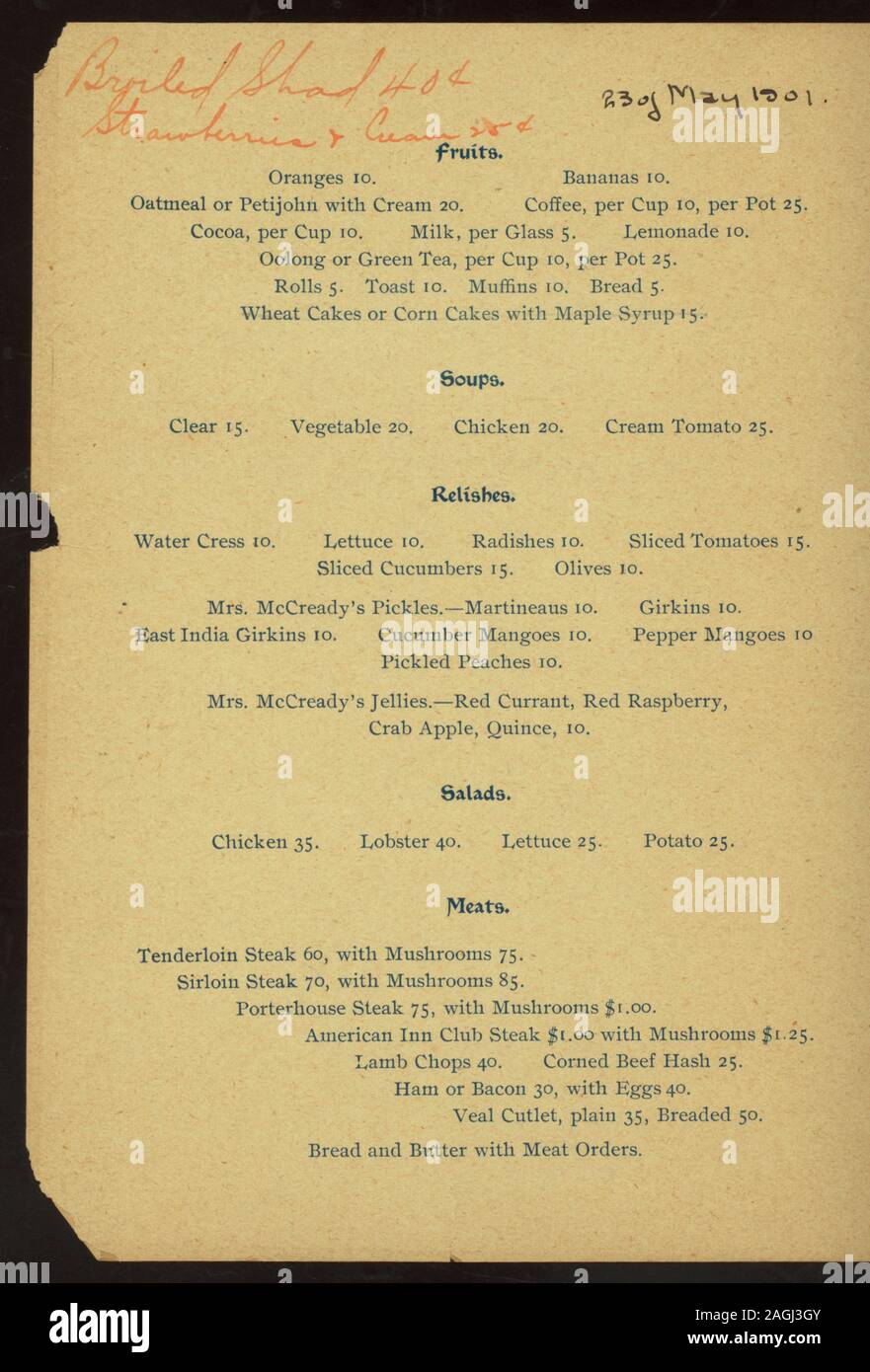 A LA CARTE MENU; NO ORDER CHECK LESS THAN 15 CENTS; [DATE SUPPLIED BY FEB];  MENU [held by] AMERICAN INN [at] (REST Stock Photo - Alamy