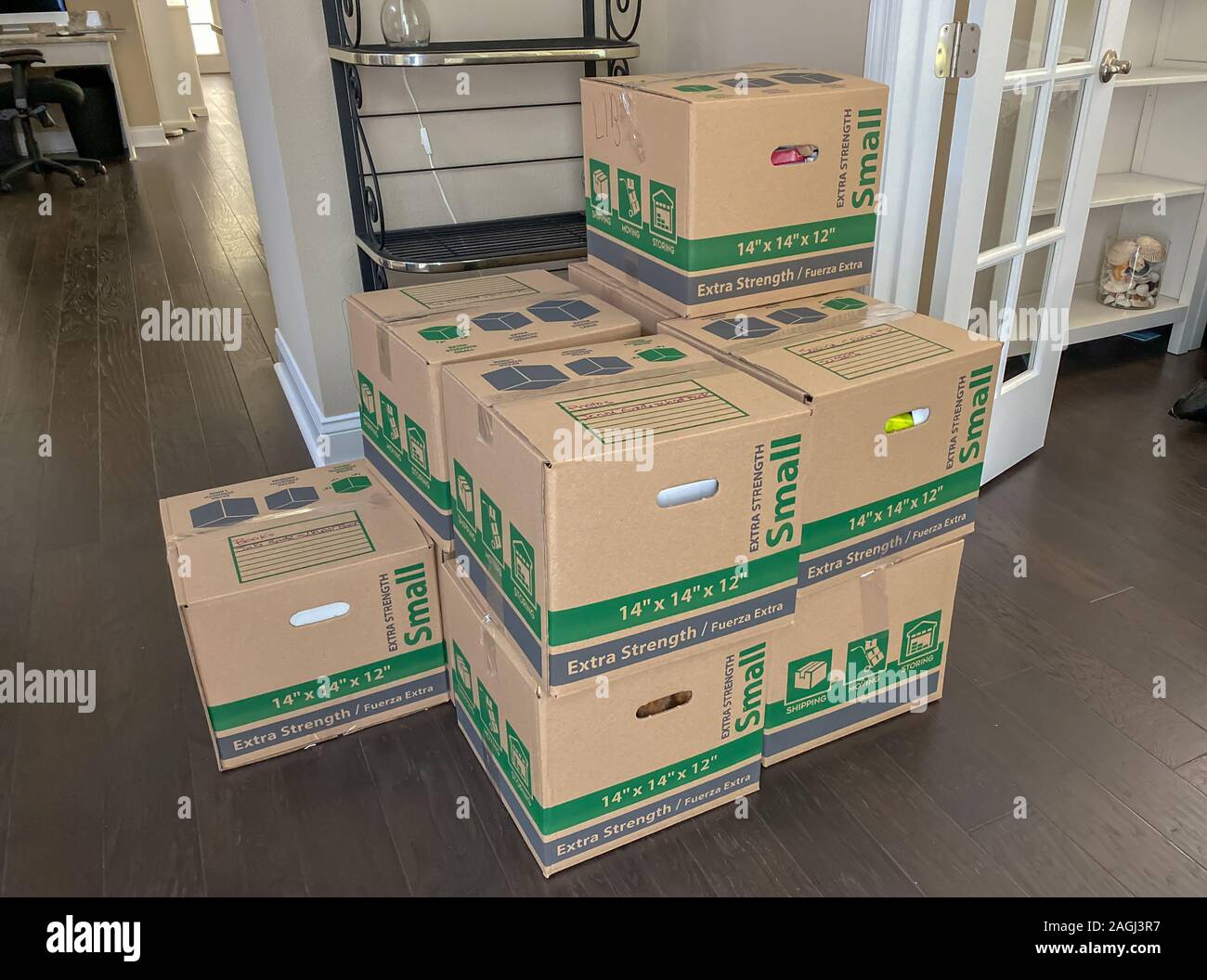 Orlando,FL/USA-11/11/19: A real life moving boxes packed and ready for the movers to take them to their new home. Stock Photo