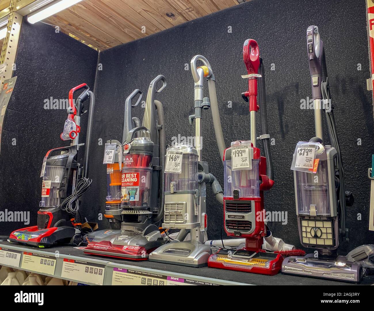 Orlando,FL/USA-11/11/19: A display shelf of vacuums for sale at a Home Depot store. Stock Photo