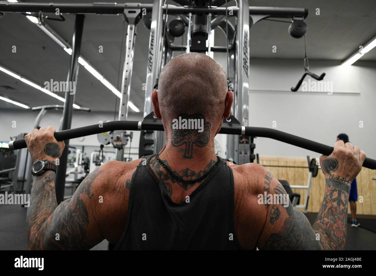 Dahlonega, Georgia, USA. 16th Sep, 2019. CHESTER DOLES works out a local gym where he also trains fellow body builders. His physical appearance is important to him, and he has won awards including Male Middle Weight First Place in the 2010 National Physique Committee (NPC) Eastern Seaboard body building contest, which Doles saw as an award for 'the most balanced and beautiful body.' He also got a 1st Place award for men over 50 at the 2011 NPC in Atlanta. Credit: Miguel Juarez Lugo/ZUMA Wire/Alamy Live News Stock Photo