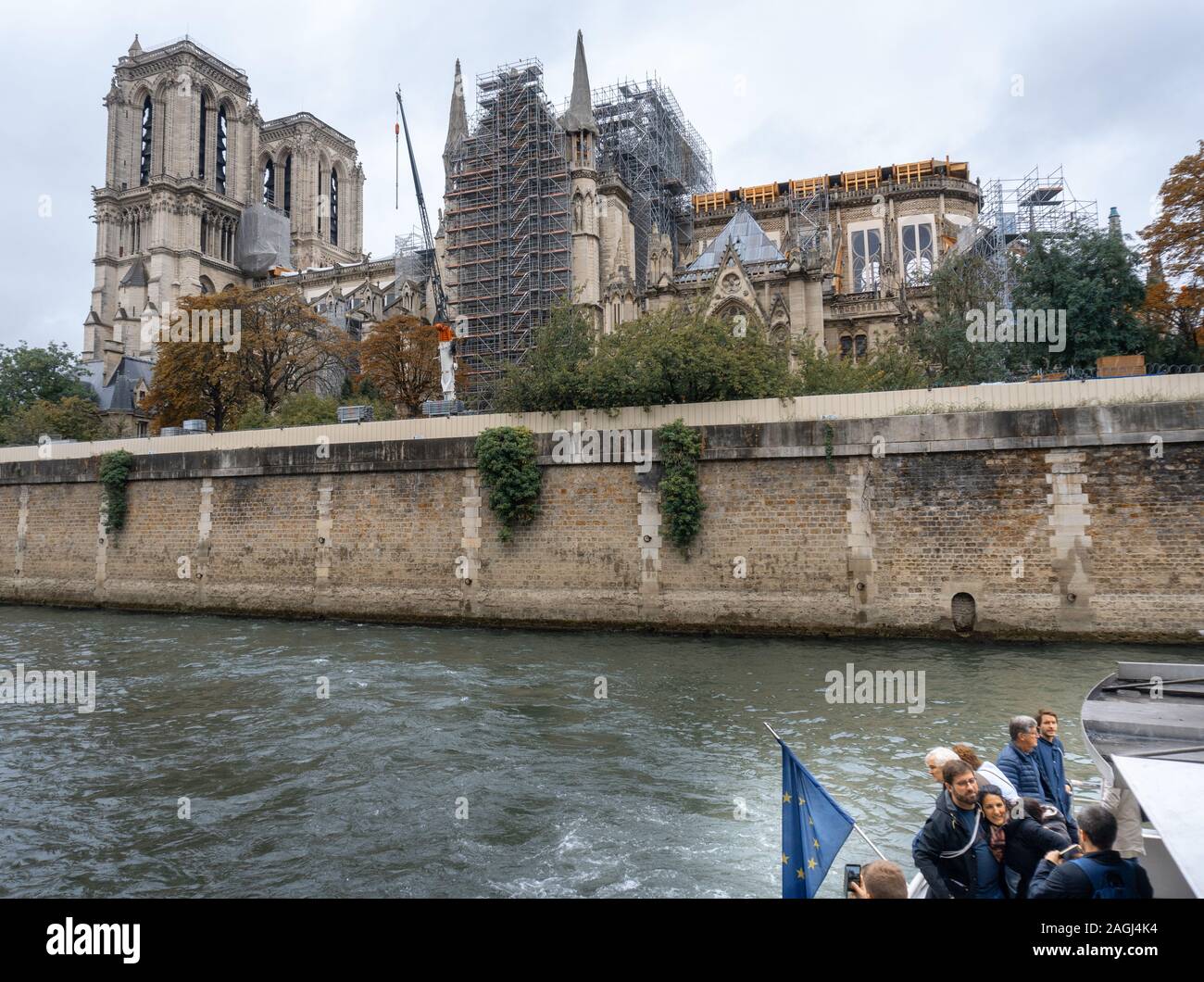 the burnt-down Notre-Dame cathedral in the rain, Paris, France Stock Photo