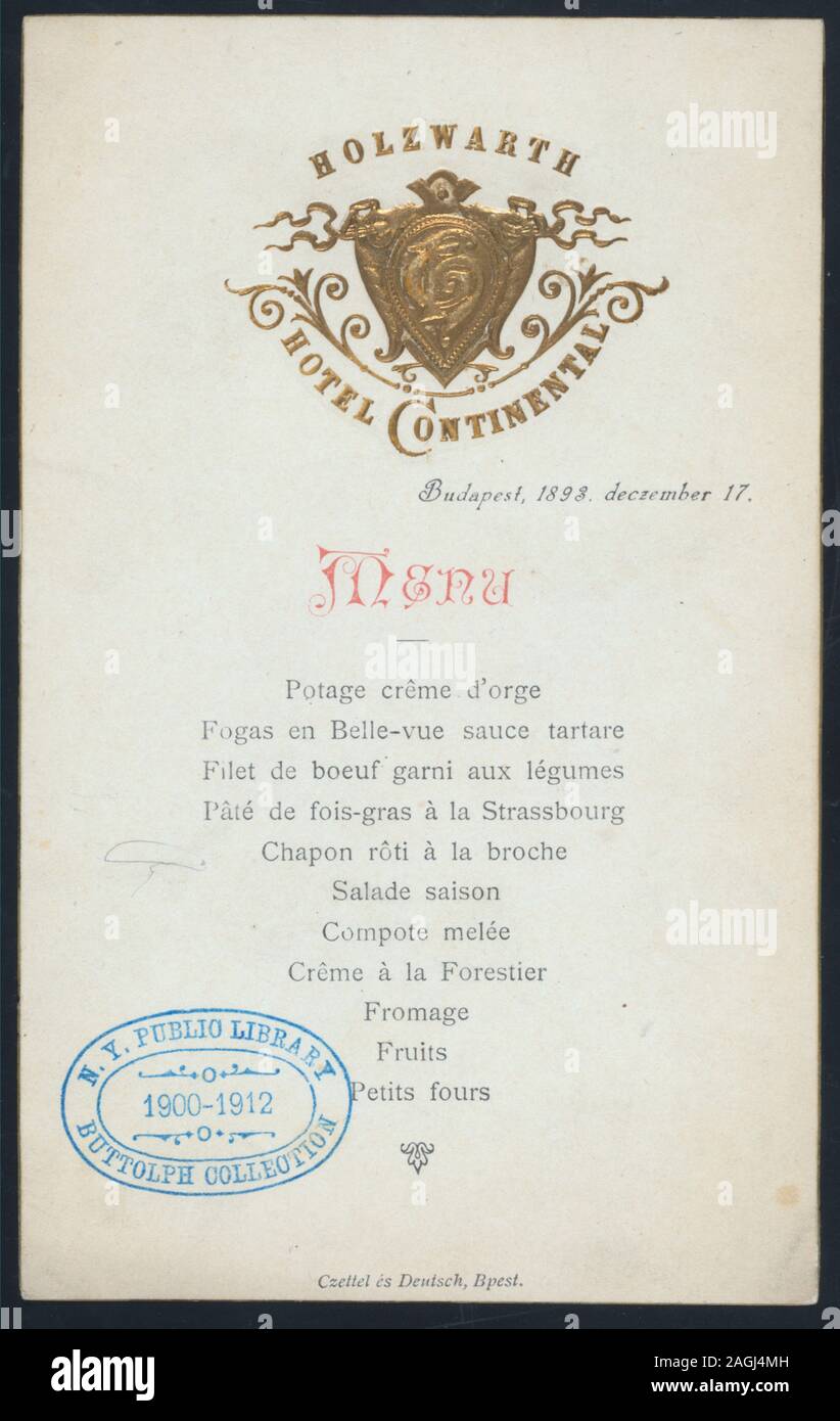 FRENCH; GOLD SEAL EMBOSSED ON FACE; MENU [held by] HOLZWARTH HOTEL  CONTINENTAL [at] BUDAPEST, HUNGARY (HOT Stock Photo - Alamy