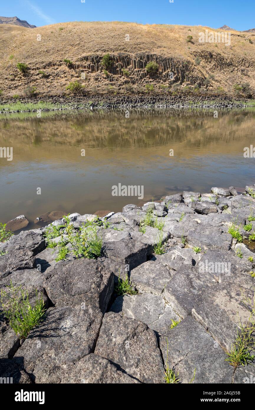 Columnar basalt formation along Idaho's Lower Salmon River Stock Photo